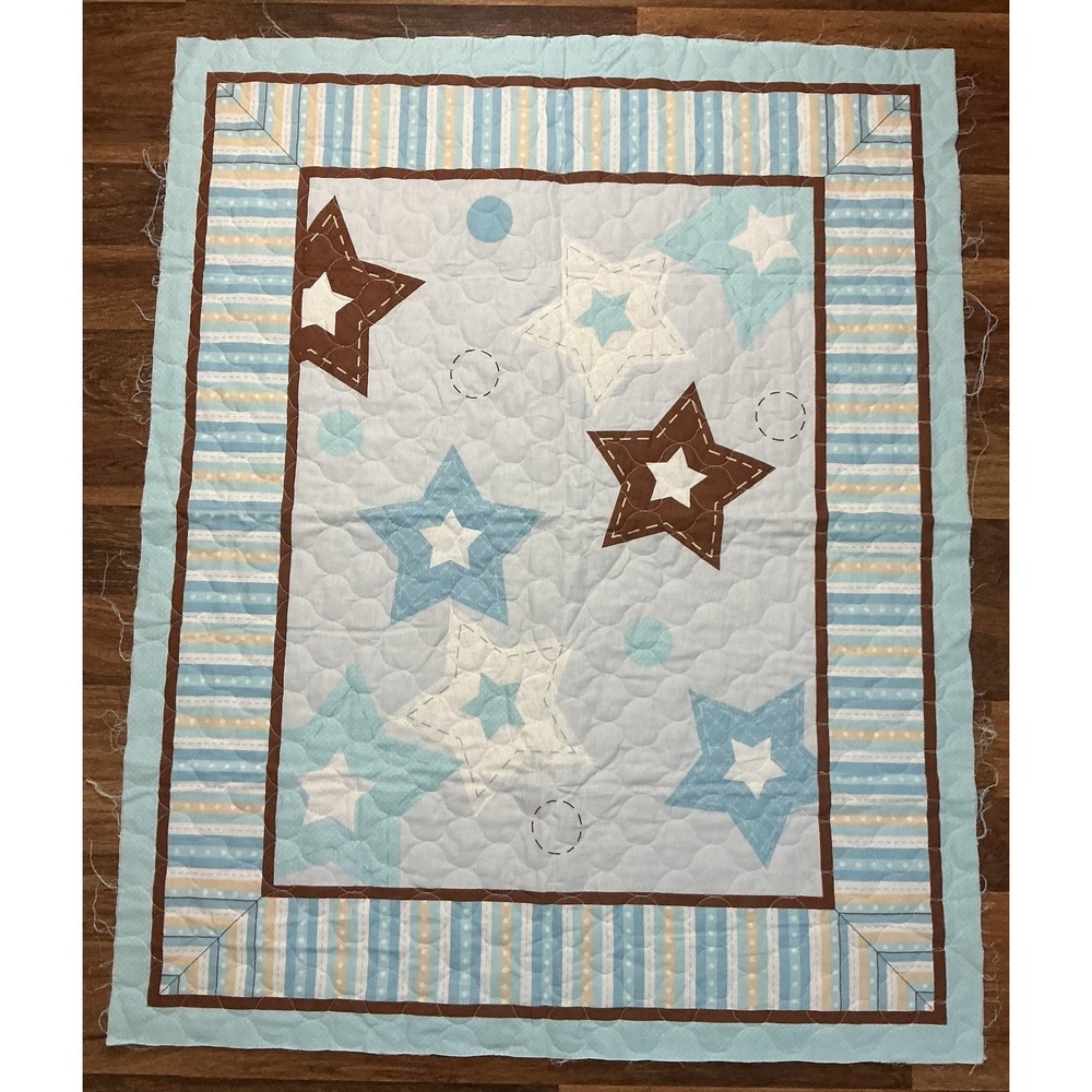 Unfinished Double Face Pre-Quilted Fabric Star Pattern Blue White Brown 43 X 34"